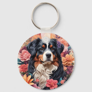 3D Blumenfantasy Bernese Mountain Dog Birds View Schlüsselanhänger