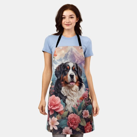 3D Blumenfantasy Bernese Mountain Dog Birds View Schürze (Getragen)
