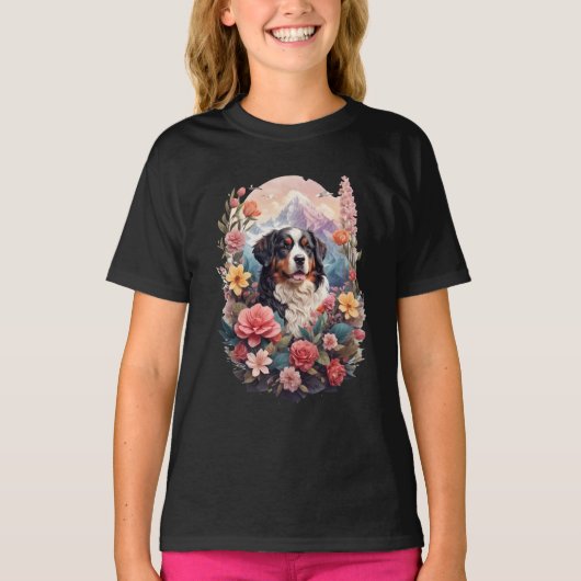 3D Blumenfantasy Bernese Mountain Dog Birds View T-Shirt (Vorderseite)