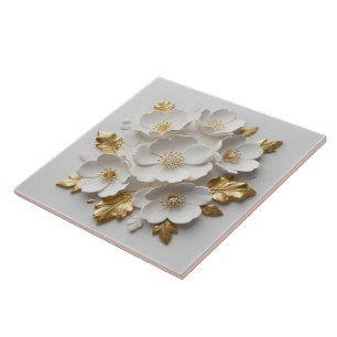 3D-blumengeschmückte weiße Blumen und goldene Blät Fliese