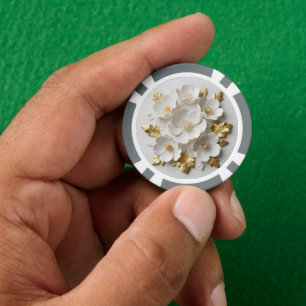 3D-blumengeschmückte weiße Blumen und goldene Blät Pokerchips