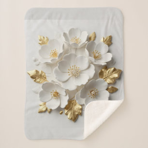 3D-blumengeschmückte weiße Blumen und goldene Blät Sherpadecke