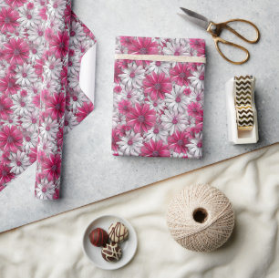 3D-Blumenmuster mit Hot Pink und White Blocks Geschenkpapier