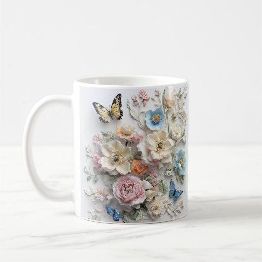 3d Blumenmuster mit lebhaften Schmetterlingen Kaffeetasse (Links)