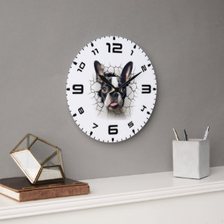 3D Boston Terrier Cracked Hole Große Wanduhr