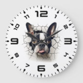 3D Boston Terrier Cracked Hole Große Wanduhr (Vorderseite)