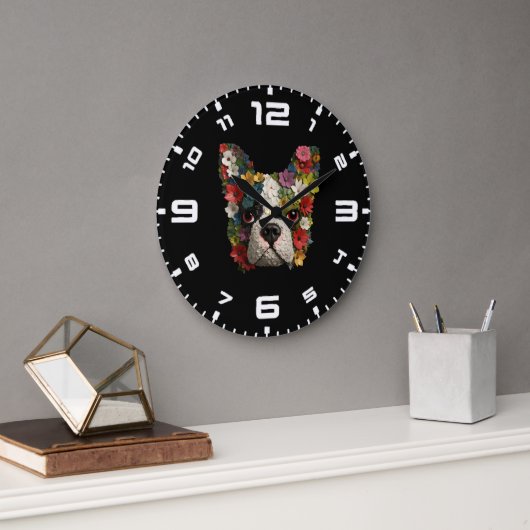 3D Boston Terrier Floral Große Wanduhr (Büro)