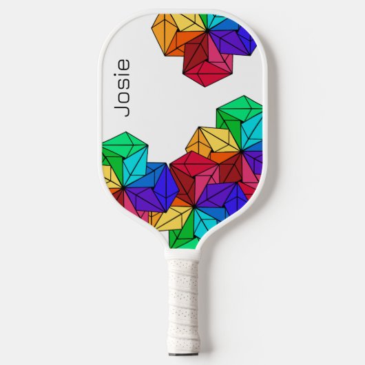 3D Bright Rainbow Random Cubes auf weißem Namen Pickleball Schläger (Vorderseite)