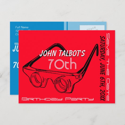3D-Brille 70. Geburtstag Save the Date Ankündigungspostkarte (Vorne/Hinten)