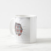 3D-Bücher erscheinen durch durchbrechendes Lochdes Kaffeetasse (Vorderseite Links)