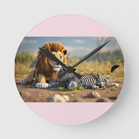 3D Cartoon Lion Eating Zebra – Wild Savannah Scene Runde Wanduhr (Vorderseite)
