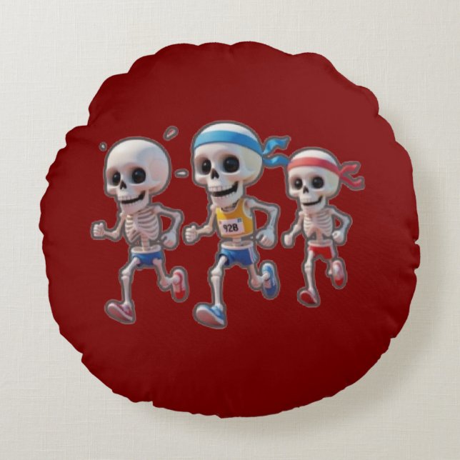 “3D Cartoon Skeleton Race • Funny Running Skeleton Rundes Kissen (Vorderseite)