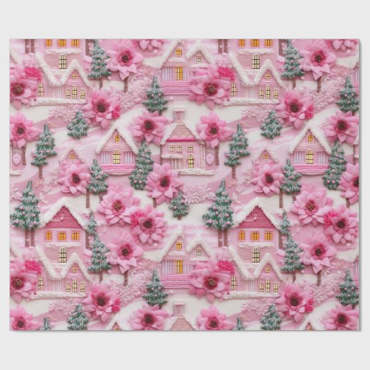 3d Clay Pink Christmas Poinsettia Village Geschenkpapier (Flach)