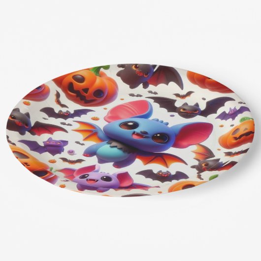 3D cute bats halloween Pappteller (Schrägansicht)