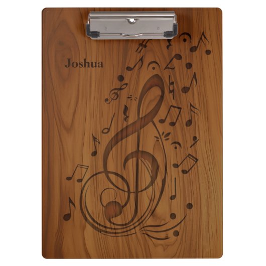 3D Debossed Clef Musical Notes on Wood Klemmbrett (Vorderseite)