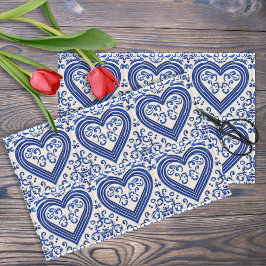 3D Delft Tile Look Romantische Herzen - Blau auf C Seidenpapier