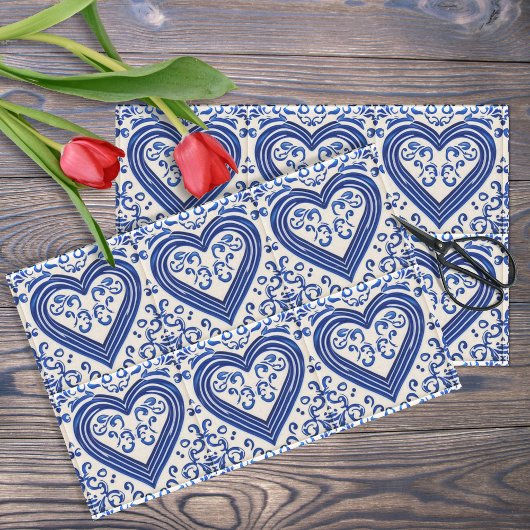 3D Delft Tile Look Romantische Herzen - Blau auf C Seidenpapier