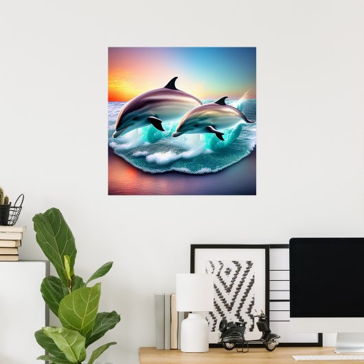 3D Delphine Ocean Sunset Tropical Beach Vibe Poster (Heimbüro)