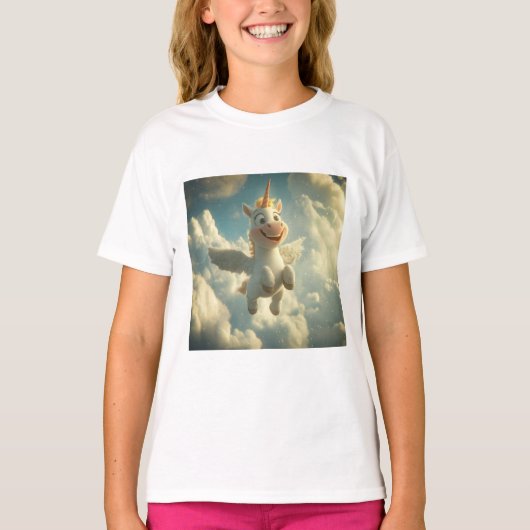 3D-Einhorn am Himmel T-Shirt (Vorderseite)