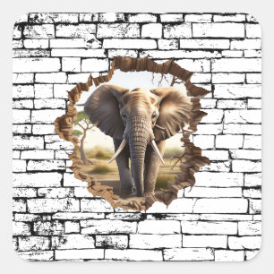 3D Elephant Wall Break Art - Realistische Safari ( Quadratischer Aufkleber