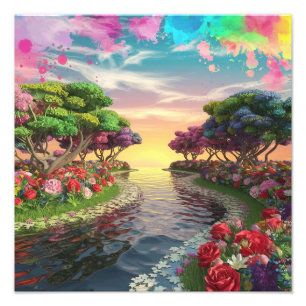3D Fantasy Sunset Over Serene Lake mit Lebhaftem Fotodruck