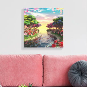 3D Fantasy Sunset Over Serene Lake mit Lebhaftem Leinwanddruck