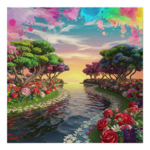 3D Fantasy Sunset Over Serene Lake mit Lebhaftem Poster
