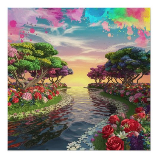 3D Fantasy Sunset Over Serene Lake mit Lebhaftem Poster (Vorderseite)