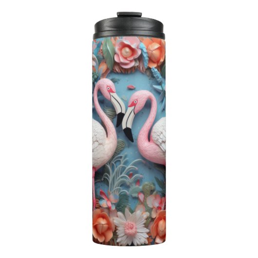 3D-Flamingo mit Blumen Thermosbecher (Vorderseite)