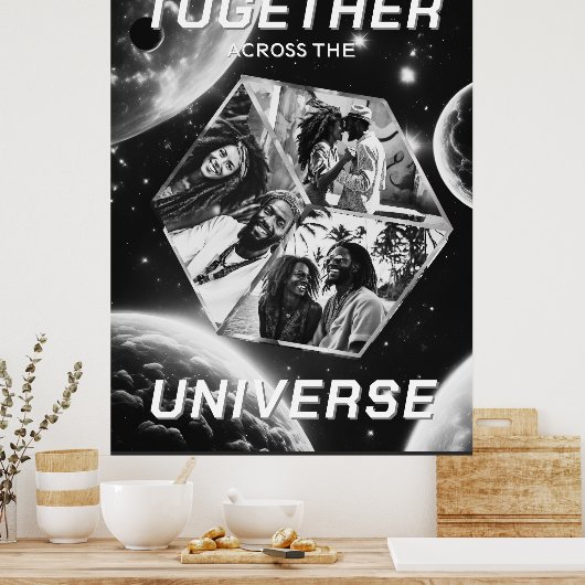 3D Fotowürfel im Weltraum mit Planeten Poster (Küche)