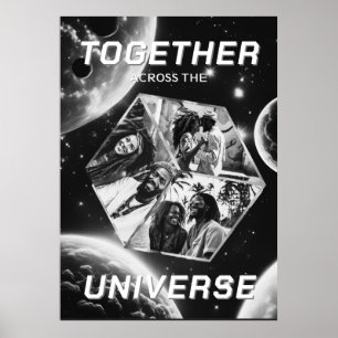 3D Fotowürfel im Weltraum mit Planeten Poster