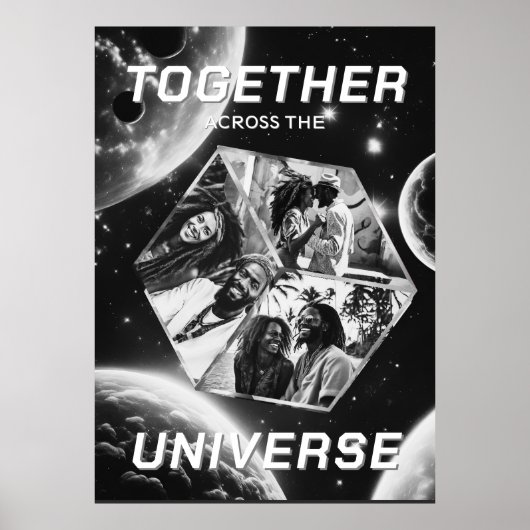 3D Fotowürfel im Weltraum mit Planeten Poster (Vorne)