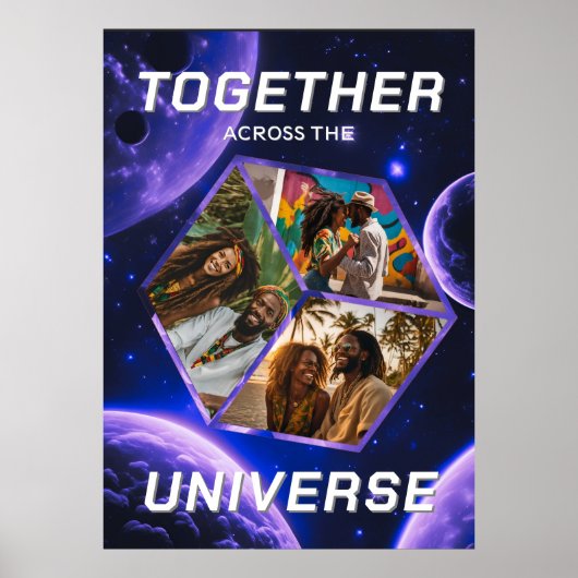 3D Fotowürfel im Weltraum mit Planeten Poster (Vorne)