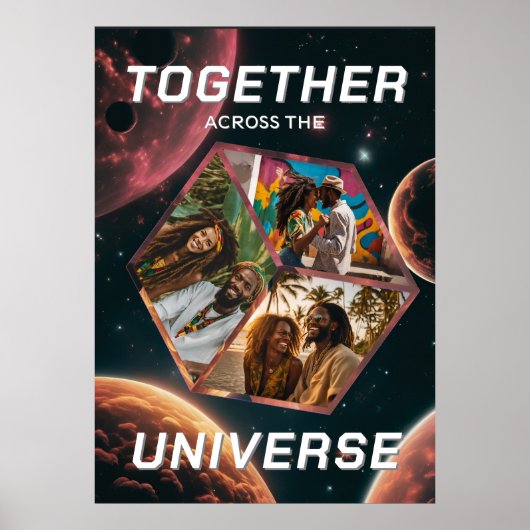 3D Fotowürfel im Weltraum mit Planeten Poster (Vorne)