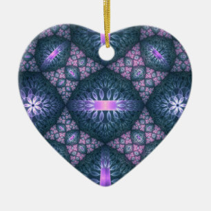 3D-Fraktal-Kunstmuster Türkis Lila Rosa Herz Keramik Ornament