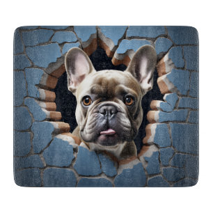 3D French Bulldog Cracking Hole Blue Wall Schneidebrett