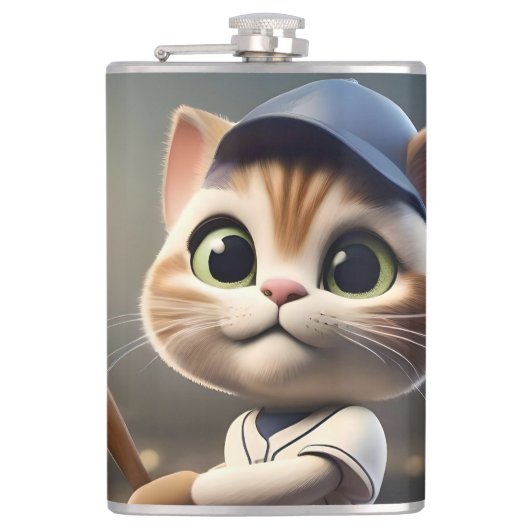 3D Funny Baseball Cat, Flachmann (Vorderseite)