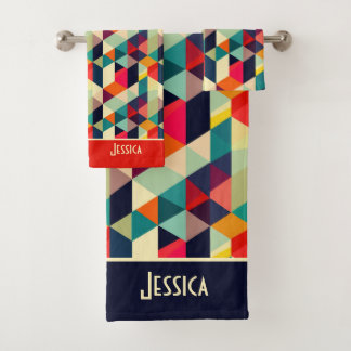 3D Geometrisches Muster RETRO Mit Monogramm Name Badhandtuch Set