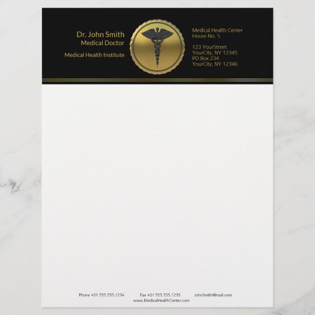 3D Gold Medizinisches Professionelles Caduceus Emb Briefbogen (Vorderseite)