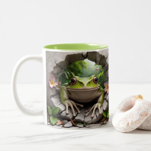 3D Green Frog Hot Cocoa Zweifarbige Tasse (Mit Donut)