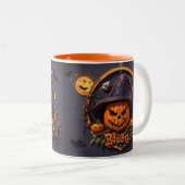 3D Halloween Szene mit Pumpkin, Skull, Hexe, Boo Zweifarbige Tasse (VorderseiteRechts)