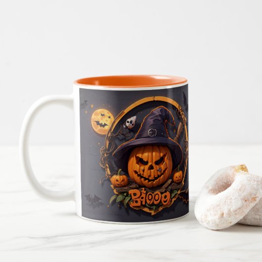 3D Halloween Szene mit Pumpkin, Skull, Hexe, Boo Zweifarbige Tasse (Mit Donut)