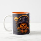 3D Halloween Szene mit Pumpkin, Skull, Hexe, Boo Zweifarbige Tasse (Links)