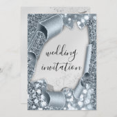 3D-Hochzeiteffekt Frame Florals Silver Smoky Blau Einladung (Vorne/Hinten)