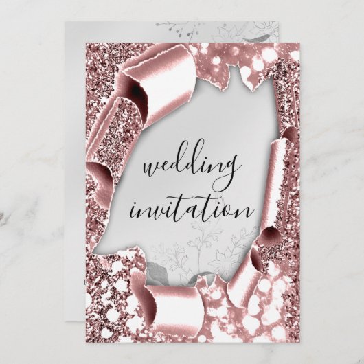 3D-Hochzeiteffekt Rahmen Florals Silver Rose Blush Einladung (Vorne/Hinten)