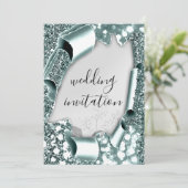 3D-Hochzeiteffekt Rahmen Florals Silver Smoky Aqua Einladung (Stehend Vorderseite)