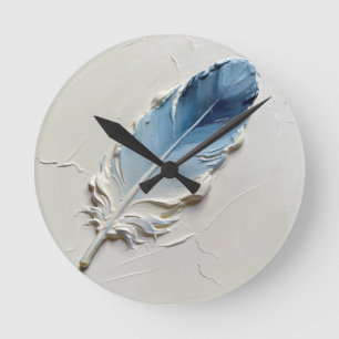 ⁠3D Impasto-Textur Blaue Feder Elegant Modern⁠ Runde Wanduhr