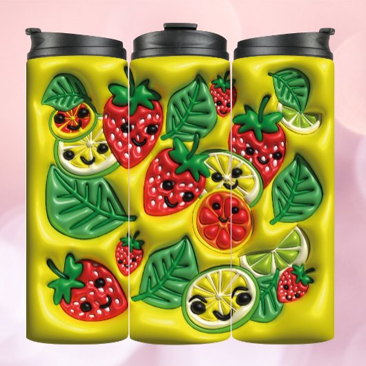 3D Inflated Tumbler - Happy Fruits on Yellow Thermosbecher