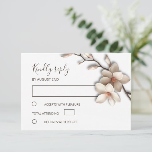 3D Ivory Magnolia Simple Wedding RSVP Karte (Stehend Vorderseite)
