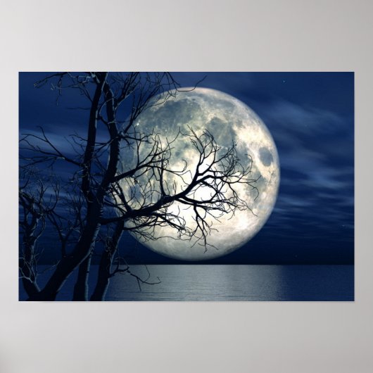 3D Landschaft Hintergrund mit Mond über dem Meer Poster (Vorne)